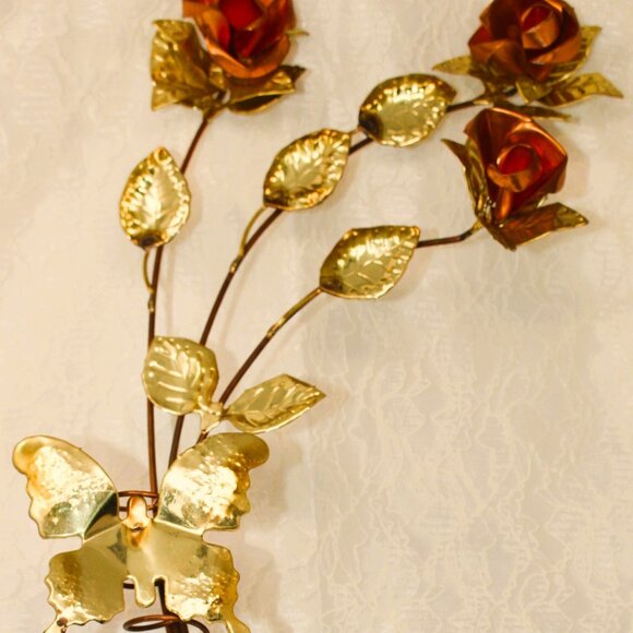 VTG MCM 3 Roses Copper Wall Art with Butterfly you can insert flowers under it! - Picture 7 of 8